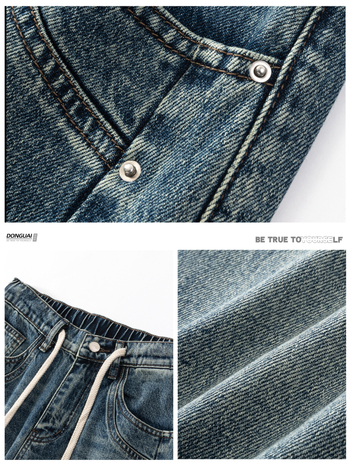 Férfi pamut denim nadrág, nehéz anyagú, ősz 2025, zsinóros derék és elasztikus derék, laza szabás, egyenes szár, mosott hatás, ívelt szegély.