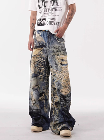 Ανδρικά τζιν denim με graffiti και 3D distressed φθορά, αμερικανικό street style, ίσια γραμμή με χαλαρή φαρδιά σιλουέτα
