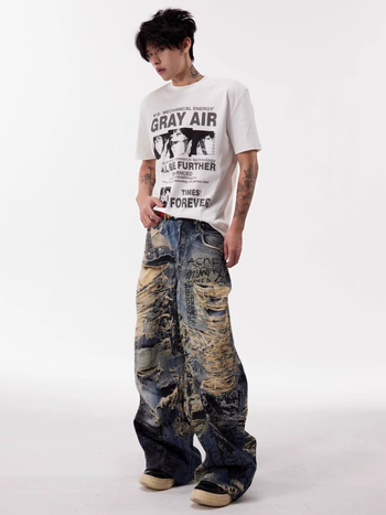 Ανδρικά τζιν denim με graffiti και 3D distressed φθορά, αμερικανικό street style, ίσια γραμμή με χαλαρή φαρδιά σιλουέτα