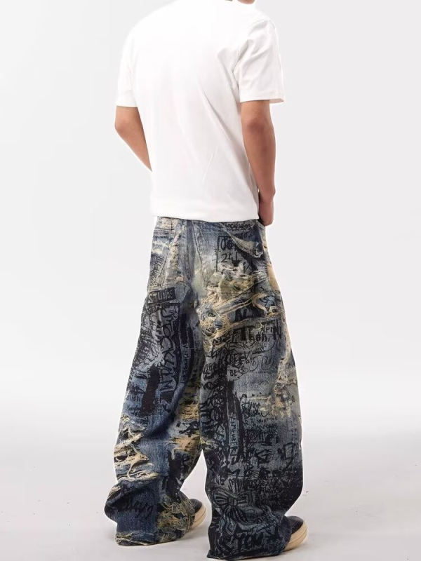 Ανδρικά τζιν denim με graffiti και 3D distressed φθορά, αμερικανικό street style, ίσια γραμμή με χαλαρή φαρδιά σιλουέτα