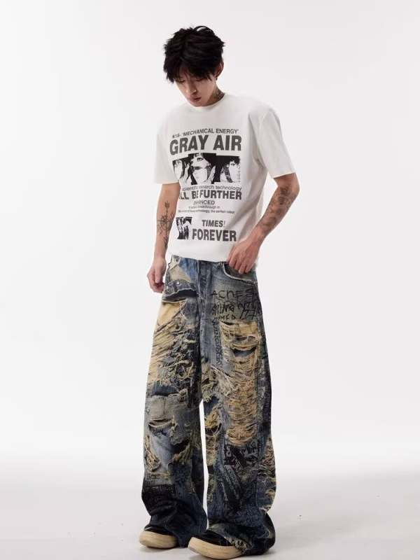 Ανδρικά τζιν denim με graffiti και 3D distressed φθορά, αμερικανικό street style, ίσια γραμμή με χαλαρή φαρδιά σιλουέτα