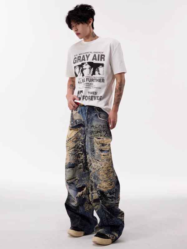 Ανδρικά τζιν denim με graffiti και 3D distressed φθορά, αμερικανικό street style, ίσια γραμμή με χαλαρή φαρδιά σιλουέτα