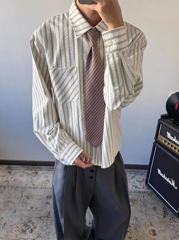 Seersucker csíkos férfi ing, hosszú ujjú, tavasz–ősz, magas minőségű, tiszta vonalú szabás, UV védelem