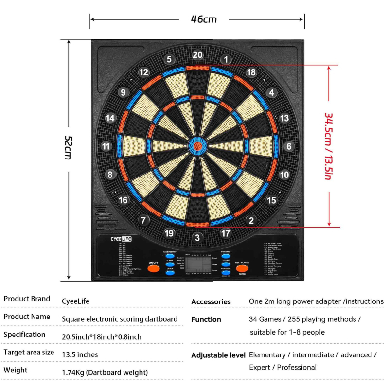 CyeeLife Elektronički set za dart s prikazom bodova i pločom za odrasle i djecu – siguran, zabavan i natjecateljski