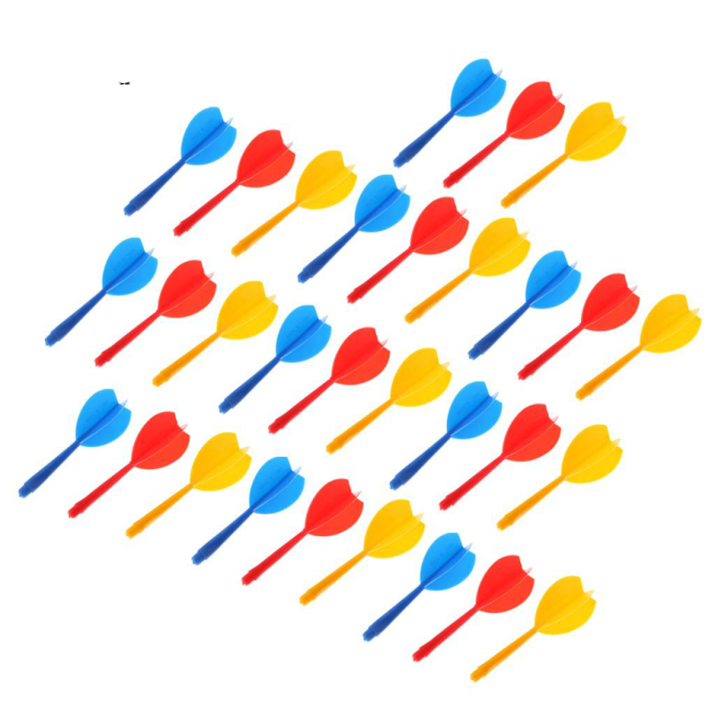 6 mm plastični šaft za pikado s integriranim letkama, 30 plastičnih letki, 5 boja dostupno