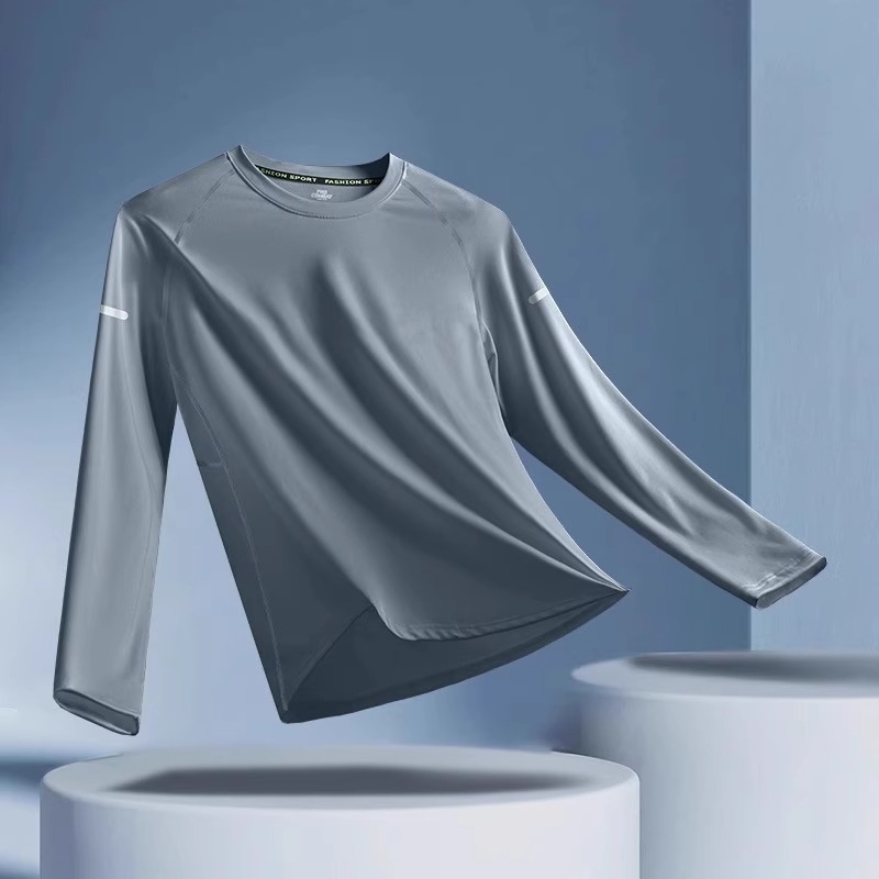 Tricou sport bărbați cu mânecă lungă, uscare rapidlyă, protecție solară, material Ice Silk, pentru vară, ușor, respirabil, croială lejeră