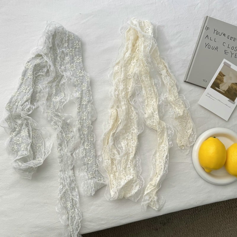 Bijeli čipkasti mrežasti šal za vrat, lagani poliester, 210 × 9 cm