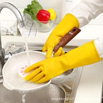 Hrubé latexové rukavice pre domácnosť, vodeodolné do kuchyne a umývania riadu, odolné voči opotrebeniu a spoľahlivé; materiál: latexová guma s hovädzou šľachou.