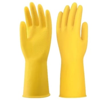 Hrubé latexové rukavice pre domácnosť, vodeodolné do kuchyne a umývania riadu, odolné voči opotrebeniu a spoľahlivé; materiál: latexová guma s hovädzou šľachou.