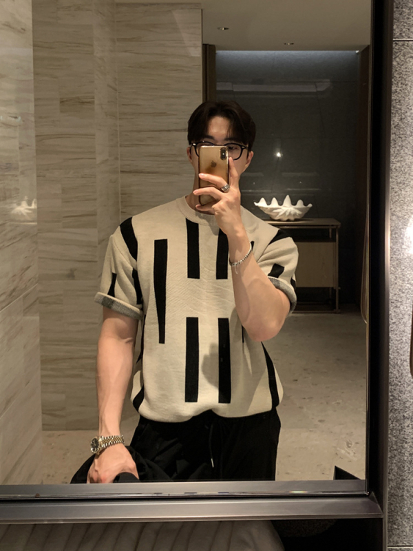 Amerikai utcai stílusú kötött rövid ujjú póló férfiaknak, nyár, retro casual top