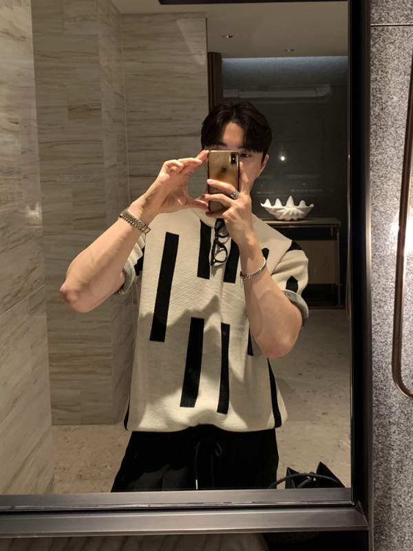 Amerikai utcai stílusú kötött rövid ujjú póló férfiaknak, nyár, retro casual top