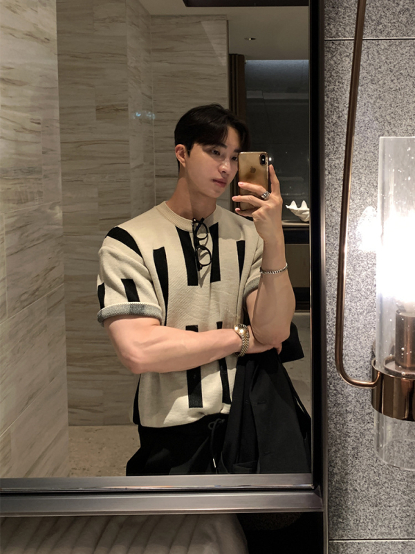 Amerikai utcai stílusú kötött rövid ujjú póló férfiaknak, nyár, retro casual top