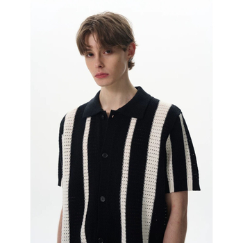 Póló galléros, rövid ujjú, kötött anyag, férfi slim fit, kivágott csíkos mintázat, jégselyem, nyár