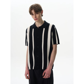 Póló galléros, rövid ujjú, kötött anyag, férfi slim fit, kivágott csíkos mintázat, jégselyem, nyár