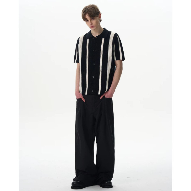 Póló galléros, rövid ujjú, kötött anyag, férfi slim fit, kivágott csíkos mintázat, jégselyem, nyár