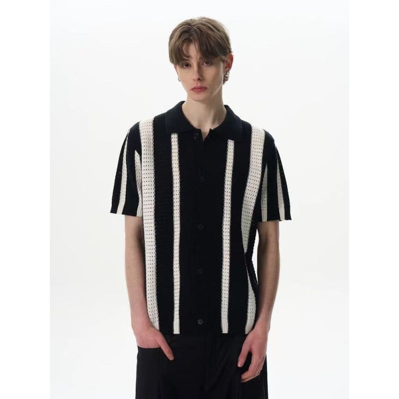 Póló galléros, rövid ujjú, kötött anyag, férfi slim fit, kivágott csíkos mintázat, jégselyem, nyár