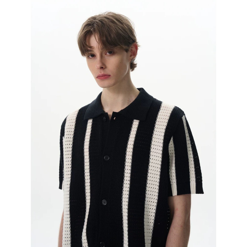 Póló galléros, rövid ujjú, kötött anyag, férfi slim fit, kivágott csíkos mintázat, jégselyem, nyár