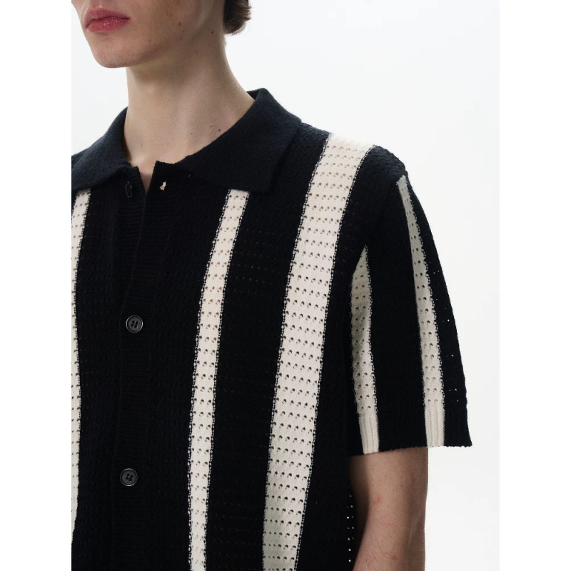 Póló galléros, rövid ujjú, kötött anyag, férfi slim fit, kivágott csíkos mintázat, jégselyem, nyár