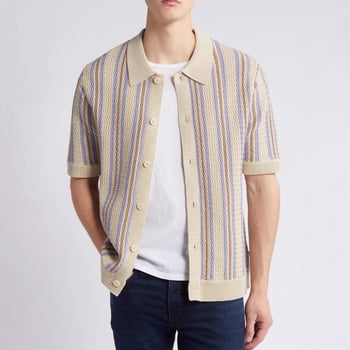 Cardigan polo din tricot pentru bărbați cu rever, dungi verticale multicolore, mâneci scurte BK0061