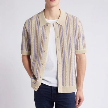 Cardigan polo din tricot pentru bărbați cu rever, dungi verticale multicolore, mâneci scurte BK0061