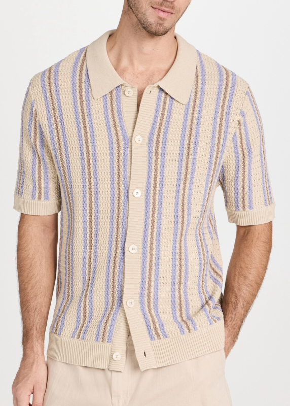 Cardigan polo din tricot pentru bărbați cu rever, dungi verticale multicolore, mâneci scurte BK0061