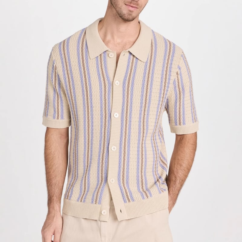 Cardigan polo din tricot pentru bărbați cu rever, dungi verticale multicolore, mâneci scurte BK0061