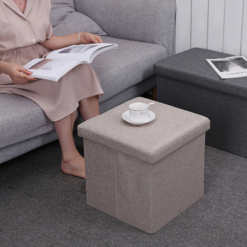 Sklápací úložný taburet z ľanového textilu, štvorcový 38 cm, kapacita 24 L, domáce použitie