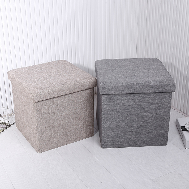 Sklápací úložný taburet z ľanového textilu, štvorcový 38 cm, kapacita 24 L, domáce použitie
