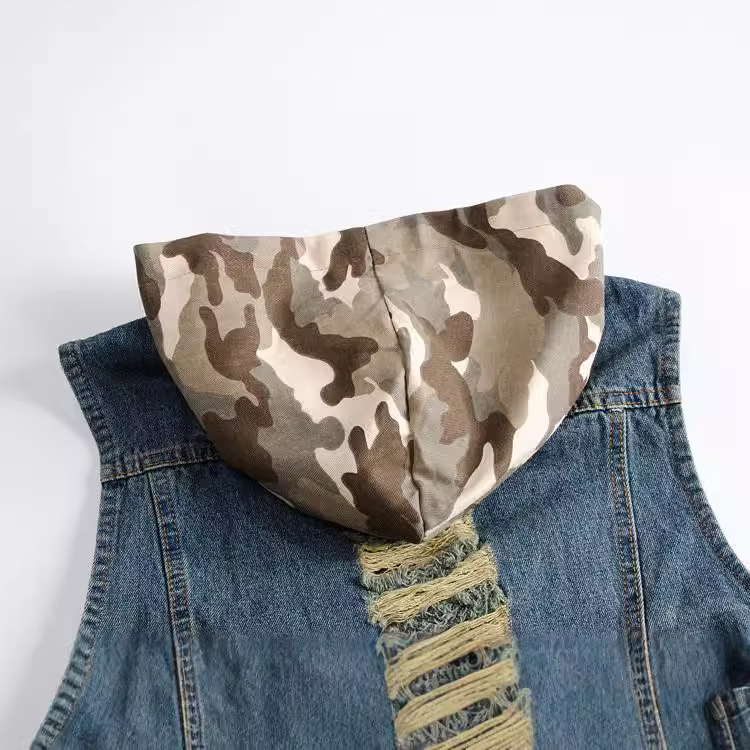 Nagy méretű koreai stílusú slim-fit szakadt denim mellény férfiaknak