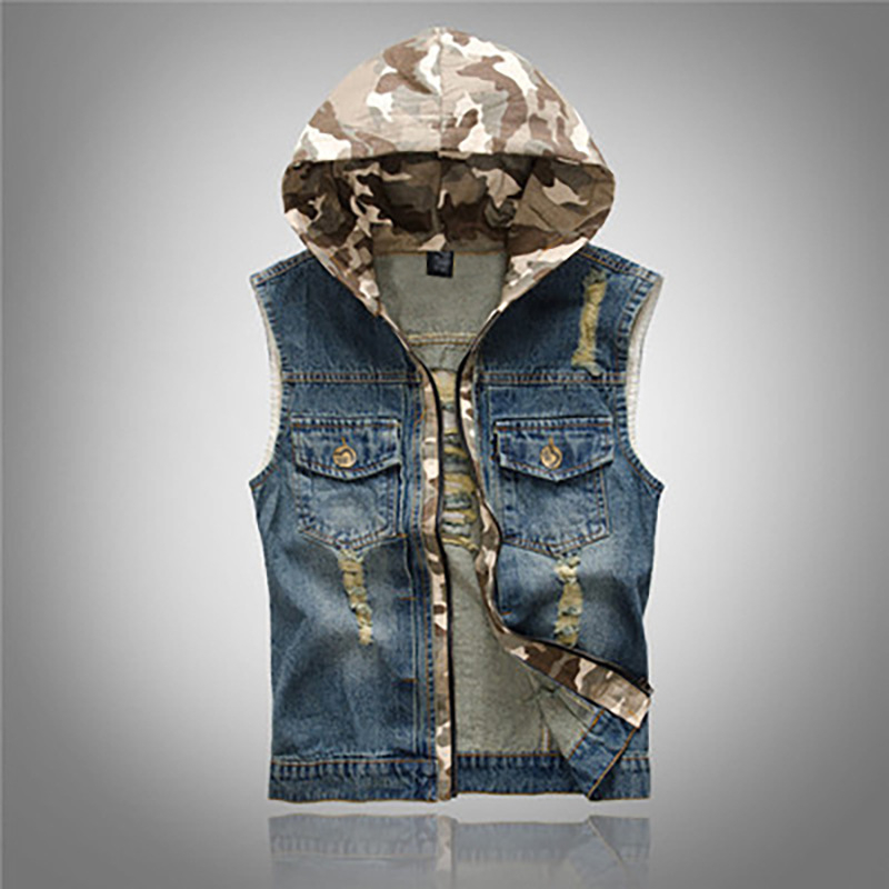 Nagy méretű koreai stílusú slim-fit szakadt denim mellény férfiaknak