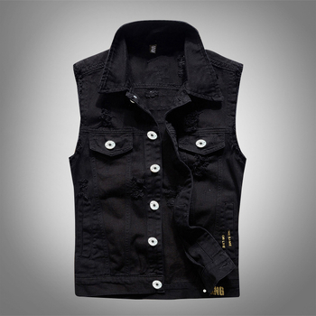 Férfi denim mellény koreai stílusban, slim-fit, fekete nyomat