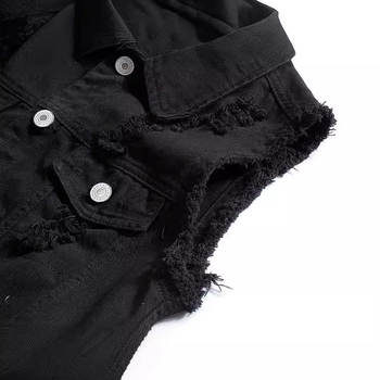 Férfi denim mellény koreai stílusban, slim-fit, fekete nyomat