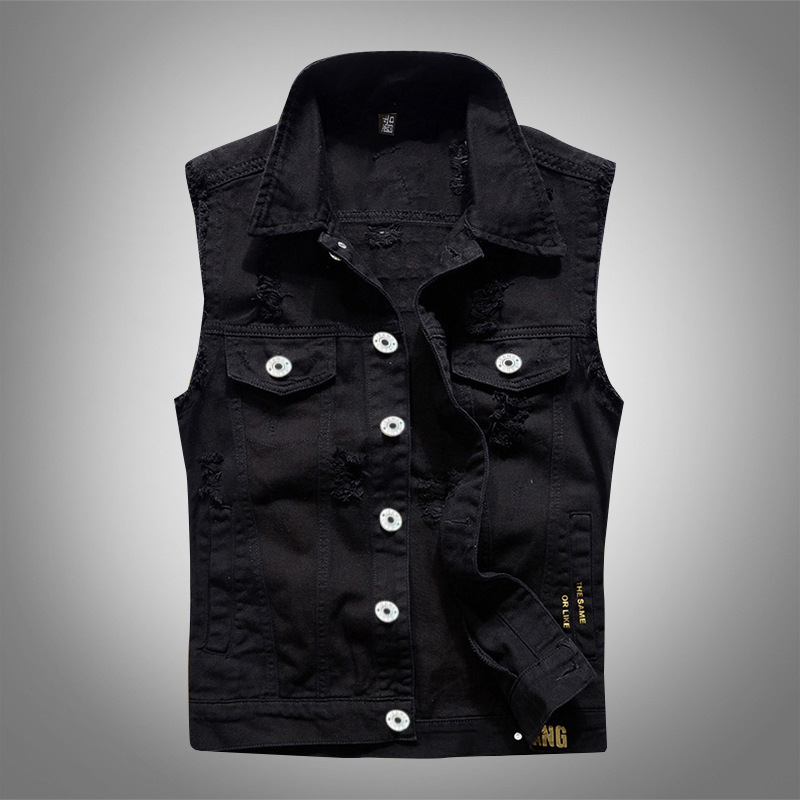Férfi denim mellény koreai stílusban, slim-fit, fekete nyomat