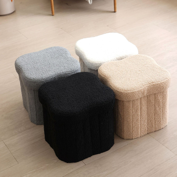 Sklápací úložný taburet s tvarom štvorlístka, čalúnenie Teddy Velvet, japonský štýl, taburet na výmenu topánok, 27 L kapacita, rozmery 30 cm
