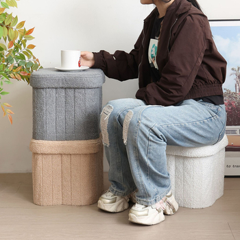 Sklápací úložný taburet s tvarom štvorlístka, čalúnenie Teddy Velvet, japonský štýl, taburet na výmenu topánok, 27 L kapacita, rozmery 30 cm
