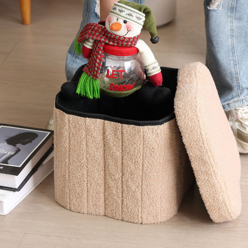 Sklápací úložný taburet s tvarom štvorlístka, čalúnenie Teddy Velvet, japonský štýl, taburet na výmenu topánok, 27 L kapacita, rozmery 30 cm