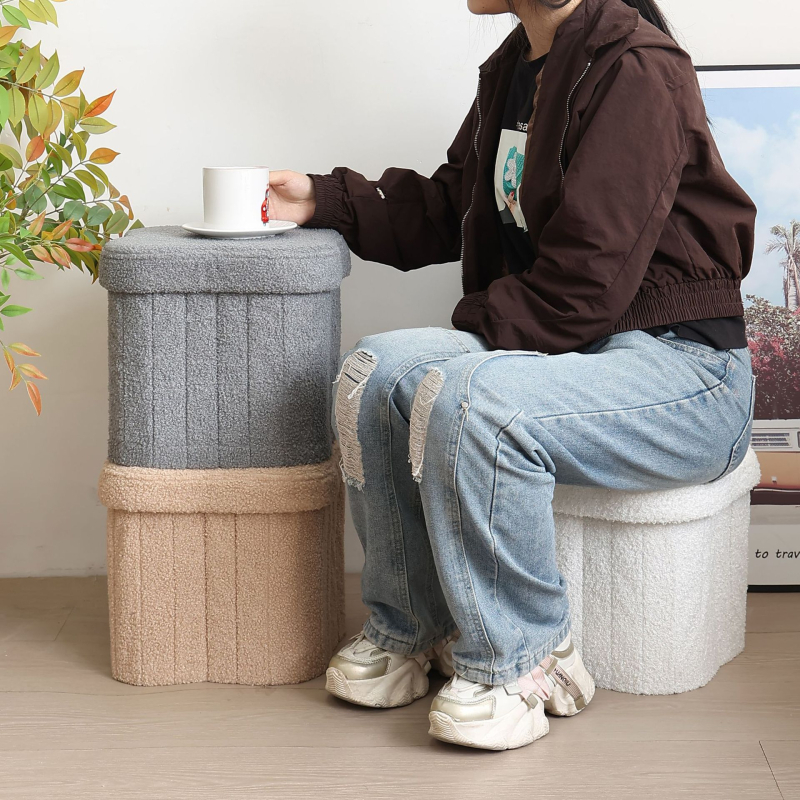 Sklápací úložný taburet s tvarom štvorlístka, čalúnenie Teddy Velvet, japonský štýl, taburet na výmenu topánok, 27 L kapacita, rozmery 30 cm