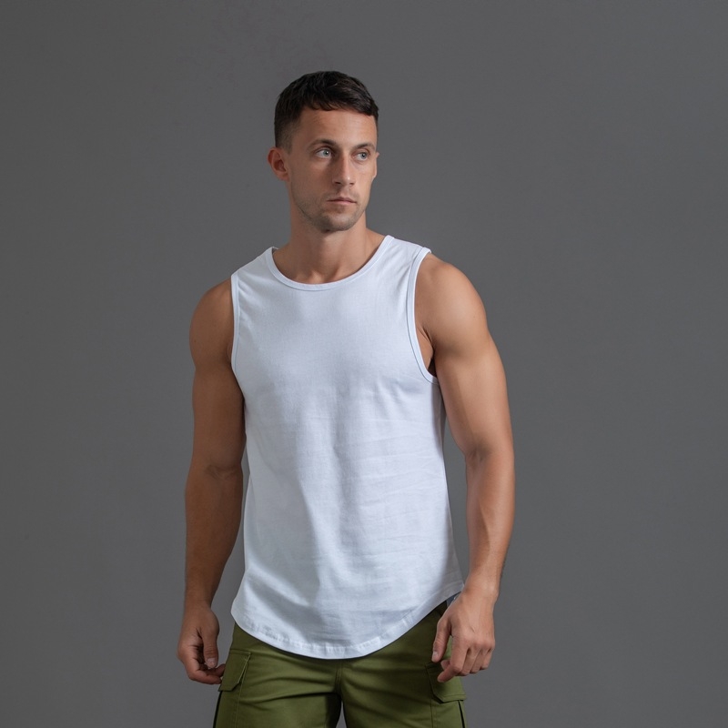 Pamut férfi ujjatlan póló, sportos edzés tanktop kerek szegéllyel