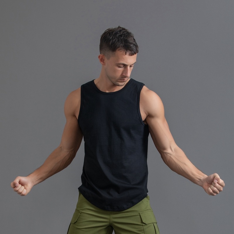 Pamut férfi ujjatlan póló, sportos edzés tanktop kerek szegéllyel