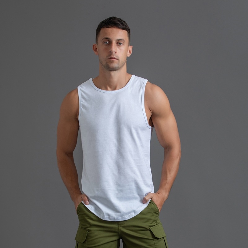 Pamut férfi ujjatlan póló, sportos edzés tanktop kerek szegéllyel