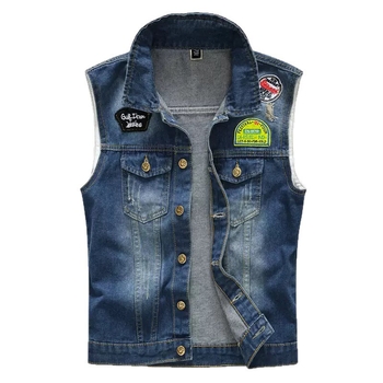 Férfi koreai stílusú slim-fit denim mellény patch-ekkel