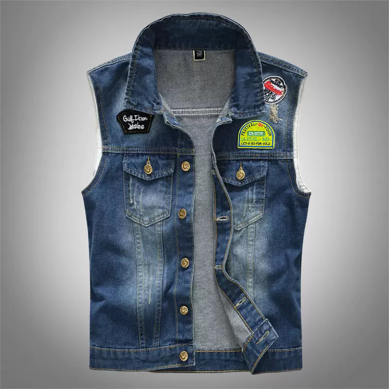 Férfi koreai stílusú slim-fit denim mellény patch-ekkel