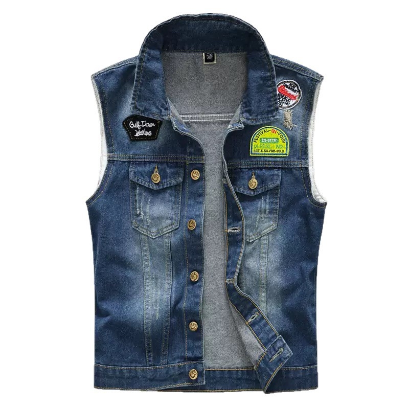 Férfi koreai stílusú slim-fit denim mellény patch-ekkel