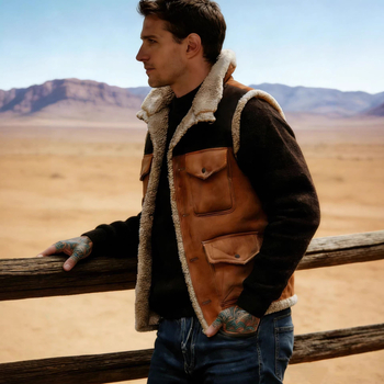 Muška vintage suede vest s patchworkom, više džepova, stojeći ovratnik, jednoredno kopčanje, za vanjsku ležernu upotrebu