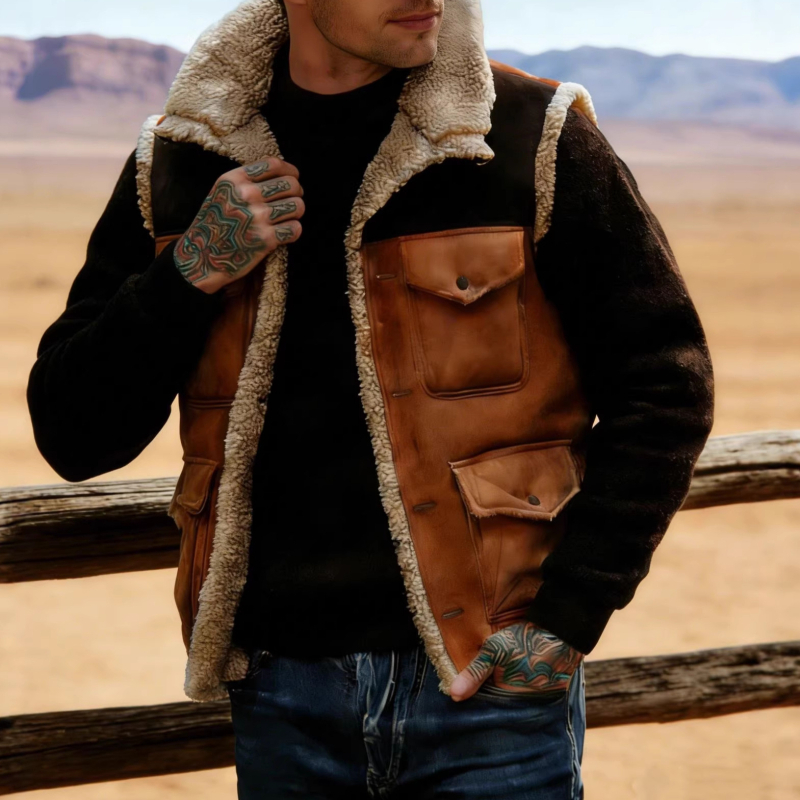 Muška vintage suede vest s patchworkom, više džepova, stojeći ovratnik, jednoredno kopčanje, za vanjsku ležernu upotrebu