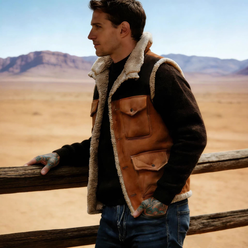 Muška vintage suede vest s patchworkom, više džepova, stojeći ovratnik, jednoredno kopčanje, za vanjsku ležernu upotrebu
