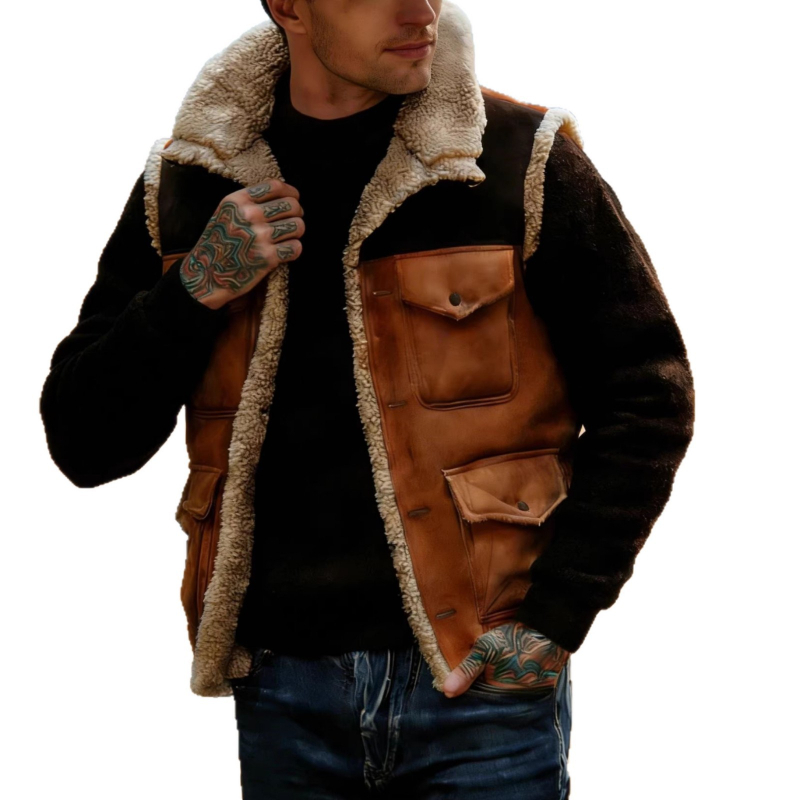 Muška vintage suede vest s patchworkom, više džepova, stojeći ovratnik, jednoredno kopčanje, za vanjsku ležernu upotrebu