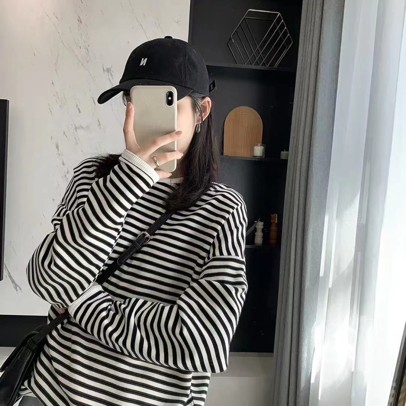 GAGD Ženski prugasti pulover – korejski stil, osnovni top s okruglim izrezom