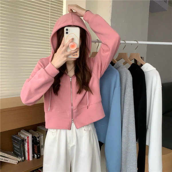 Ženski hoodie s kapuljom, lagana cropped jakna, korejskog stila, dugih rukava, zip