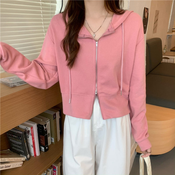 Ženski hoodie s kapuljom, lagana cropped jakna, korejskog stila, dugih rukava, zip